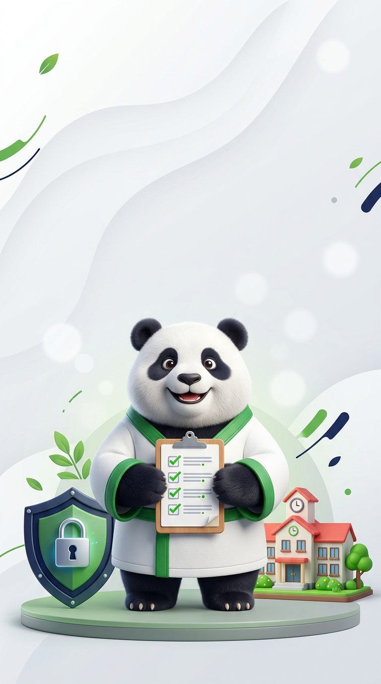 DAVi-Panda mit Checkliste vor einer Schule – Titelmotiv des Kurzleitfadens zur Datenschutz-Folgenabschätzung.