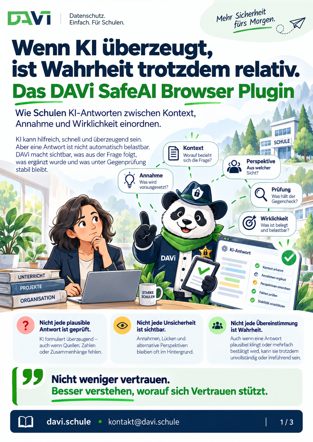 DAVi SafeAI Browser Plugin, Seite 1 von 3: Wenn KI überzeugt, ist Wahrheit trotzdem relativ. Eine Lehrerin am Laptop, daneben der DAVi-Panda, der eine KI-Antwort nach Kontext, Annahme, Perspektive, Prüfung und Wirklichkeit einordnet.