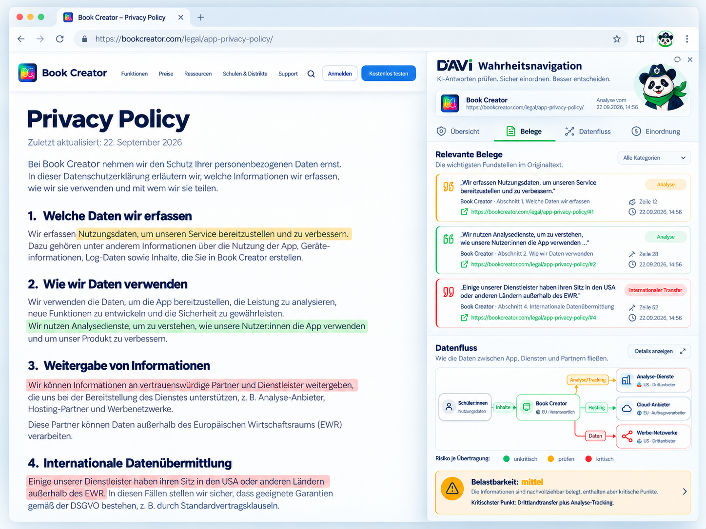 DAVi Wahrheitsnavigation, Reiter Belege: markierte Zitate aus der Datenschutzerklärung mit Zeilennummer, darunter ein Datenflussdiagramm und die Belastbarkeit mittel.