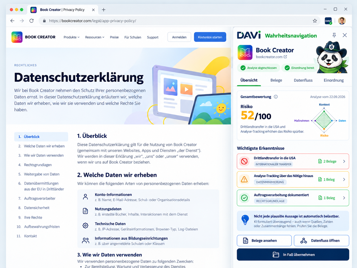 DAVi Wahrheitsnavigation neben der Datenschutzerklärung von Book Creator: Risiko 52 von 100, wichtigste Erkenntnisse mit Belegen zu Drittlandtransfer, Analyse-Tracking und Auftragsverarbeitung.